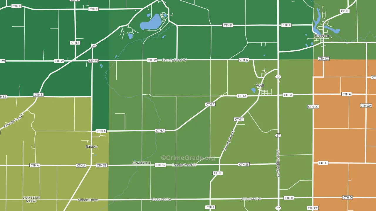 Adell, WI Map of Robbery Rates