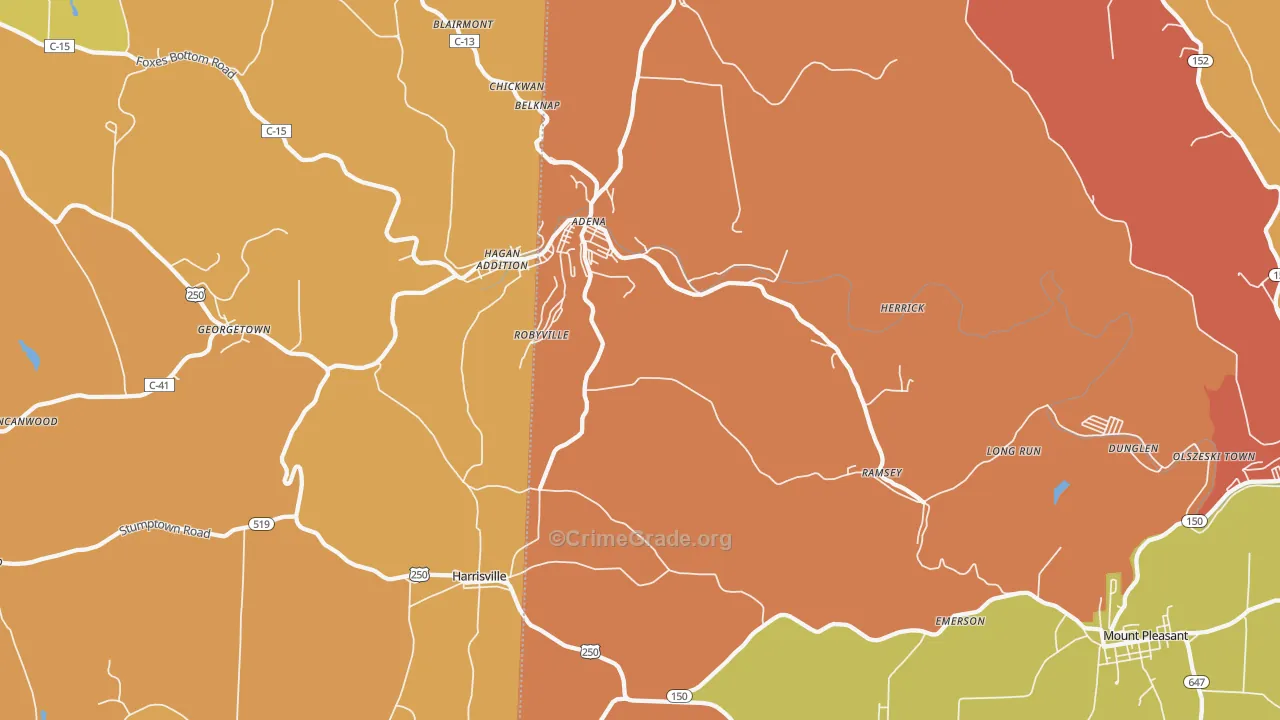 Adena, OH Map of Robbery Rates