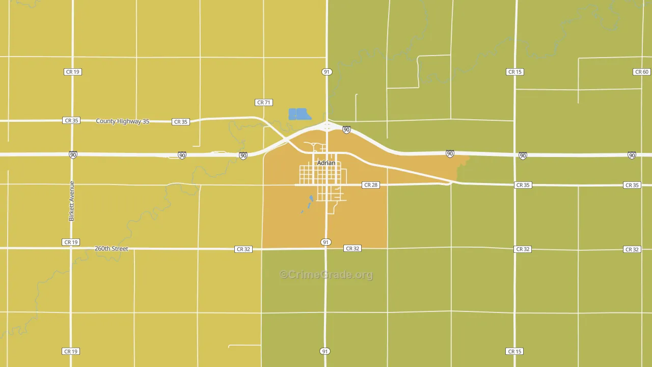 Adrian, MN Map of Robbery Rates