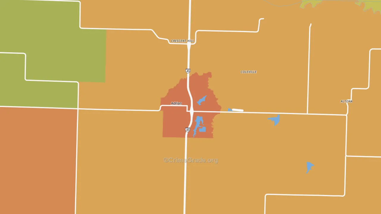 Adrian, MO Map of Robbery Rates