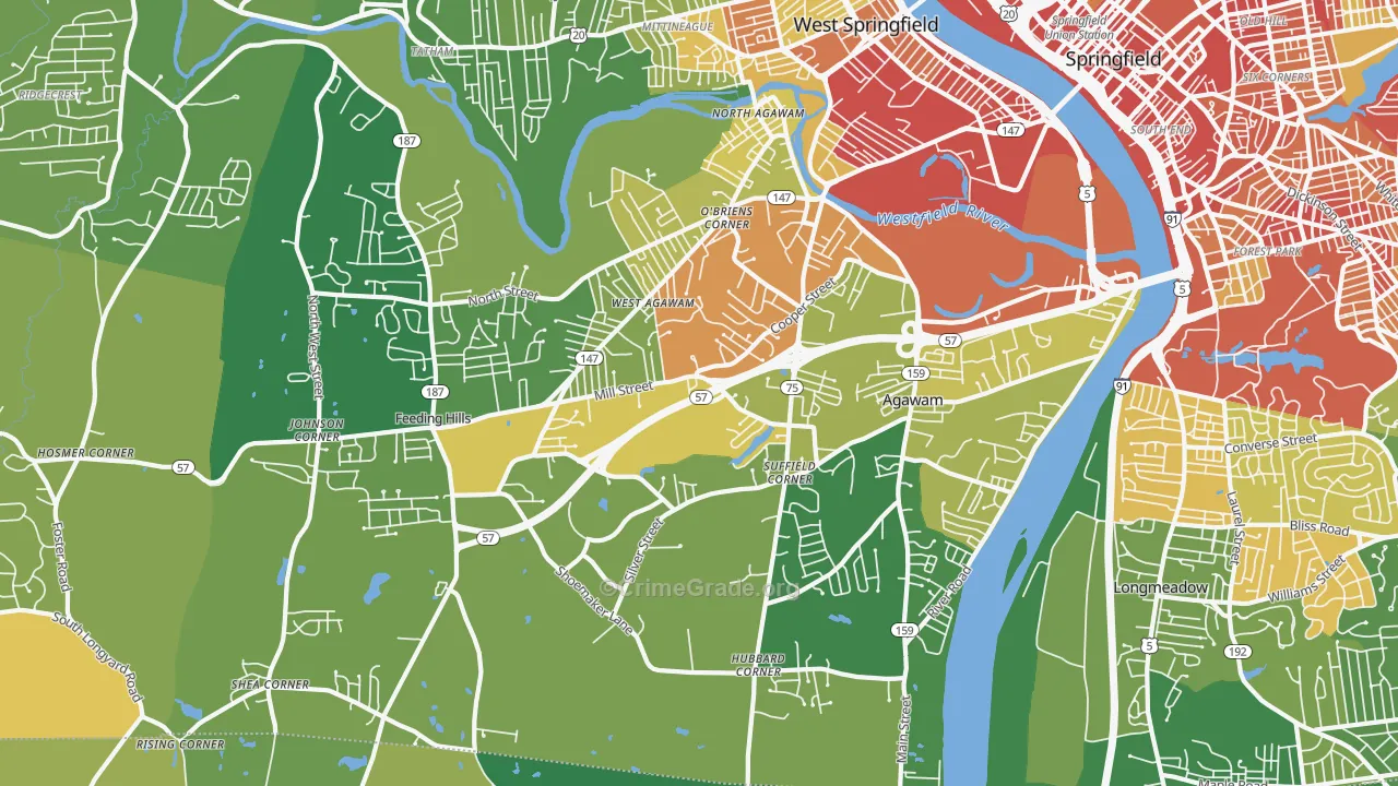 Agawam Town, MA Map of Robbery Rates
