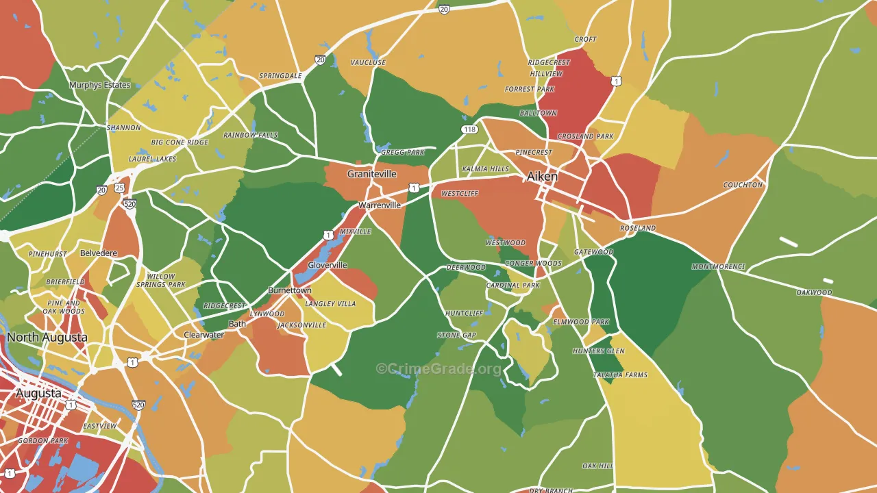 Aiken County, SC Map of Robbery Rates