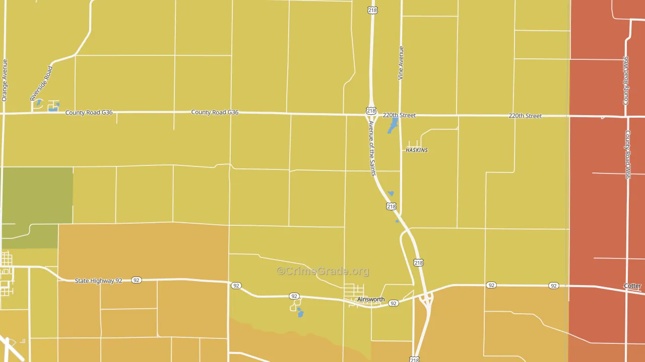 Ainsworth, IA Map of Robbery Rates