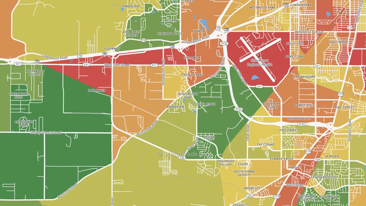 Airport-Pines Road, Shreveport, LA Map of Robbery Rates