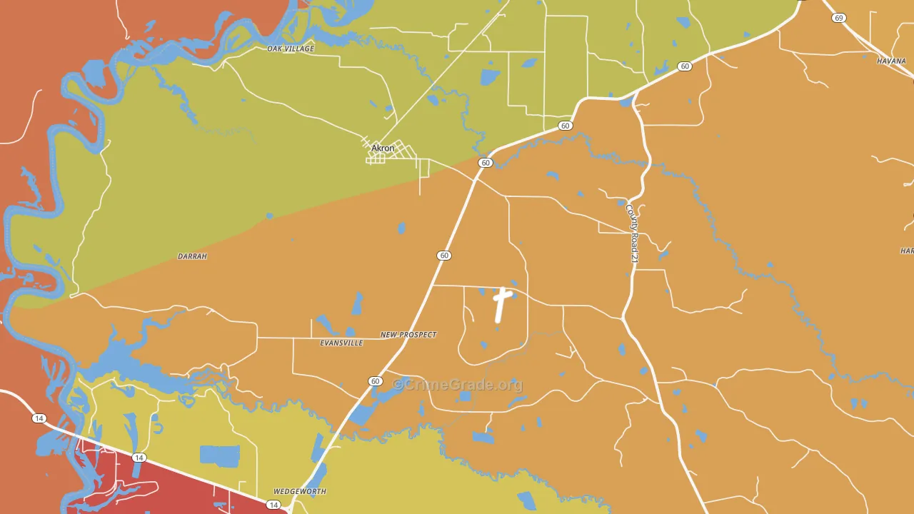 Akron, AL Map of Robbery Rates