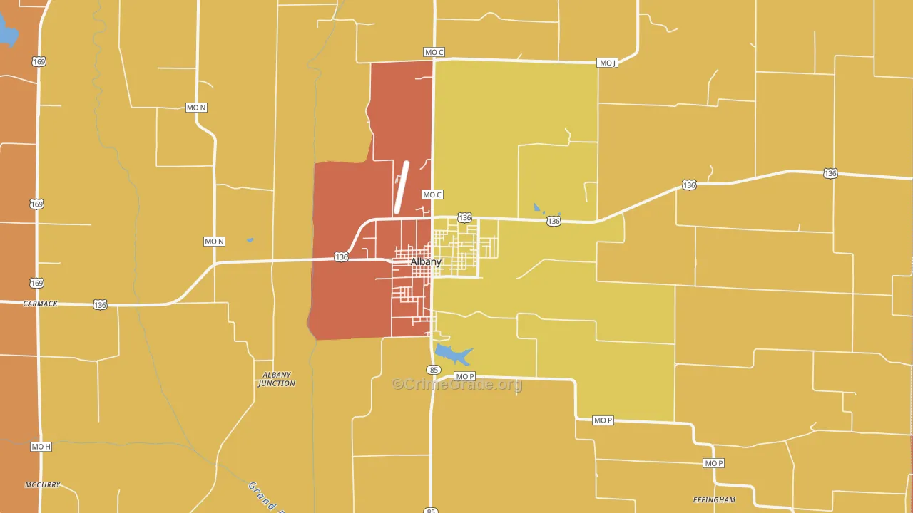 Albany, MO Map of Robbery Rates