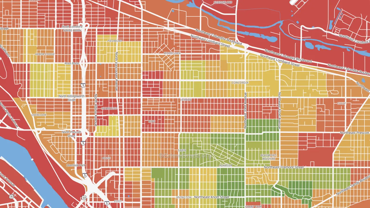 Alberta, Portland, OR Map of Robbery Rates