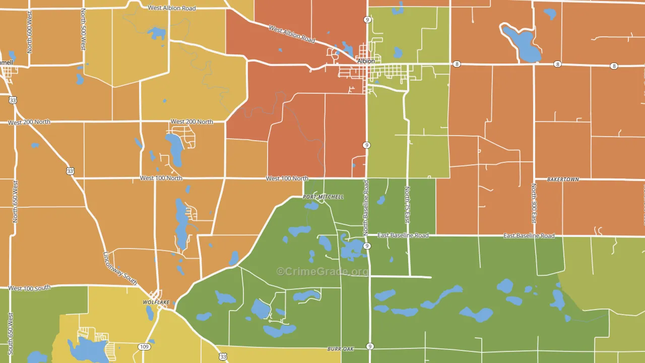 Albion, IN Map of Robbery Rates
