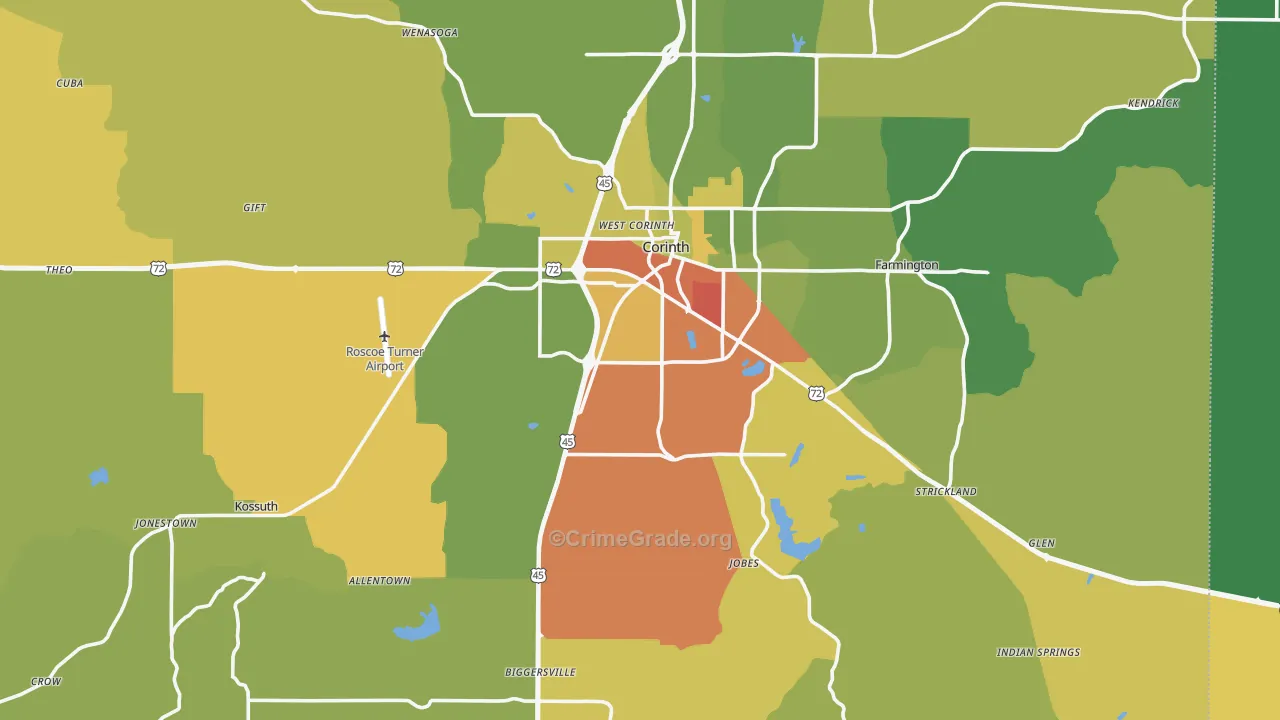 Alcorn County, MS Map of Robbery Rates