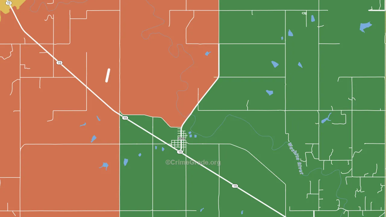 Alex, OK Map of Robbery Rates