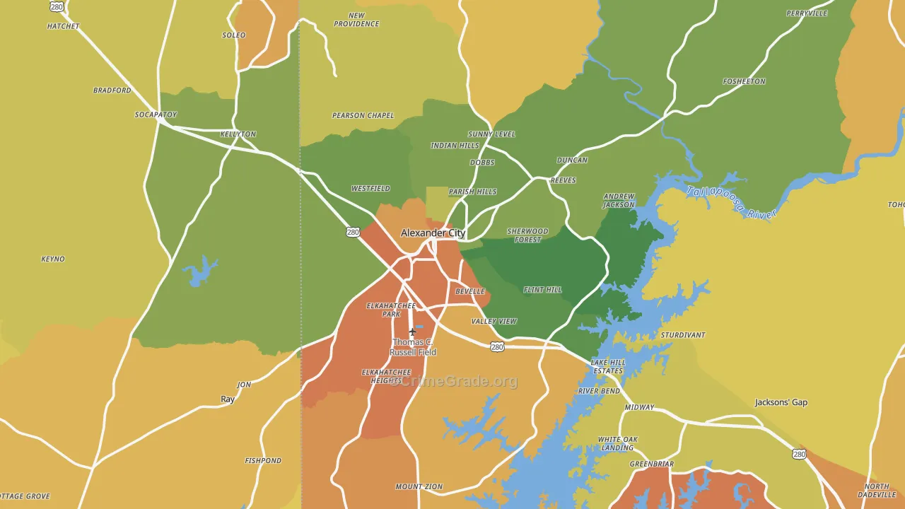 Alexander City, AL Map of Robbery Rates
