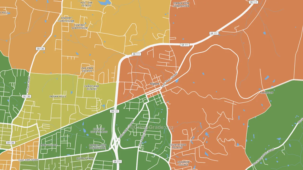 Algood, TN Map of Robbery Rates
