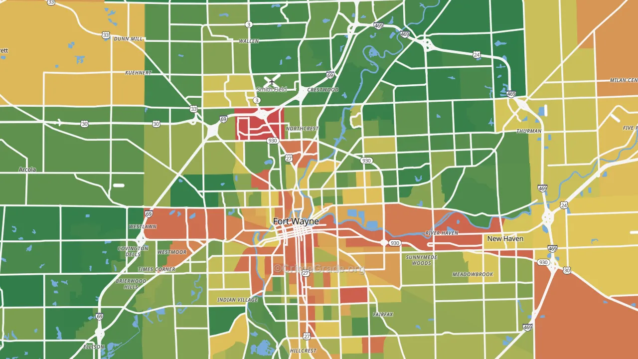 Allen County, IN Map of Robbery Rates