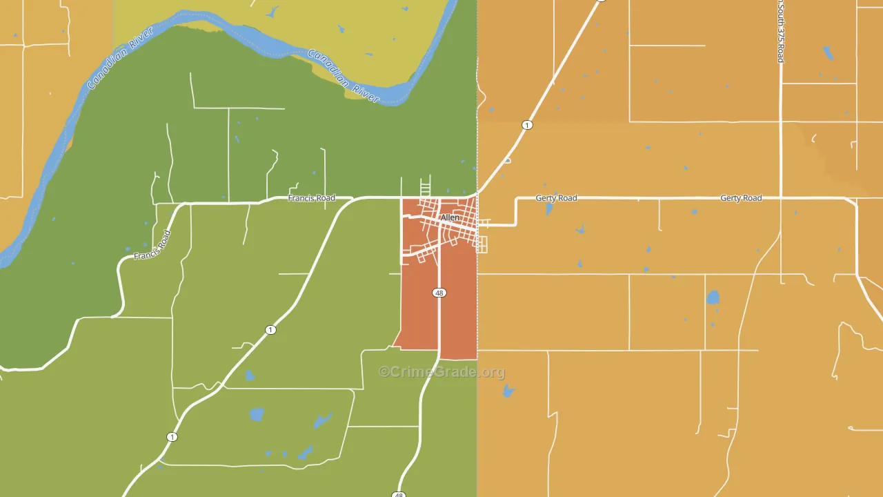 Allen, OK Map of Robbery Rates