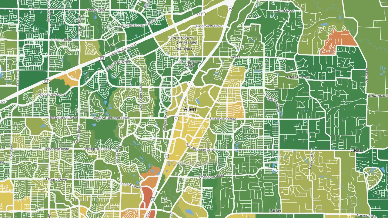 Allen, TX Map of Robbery Rates