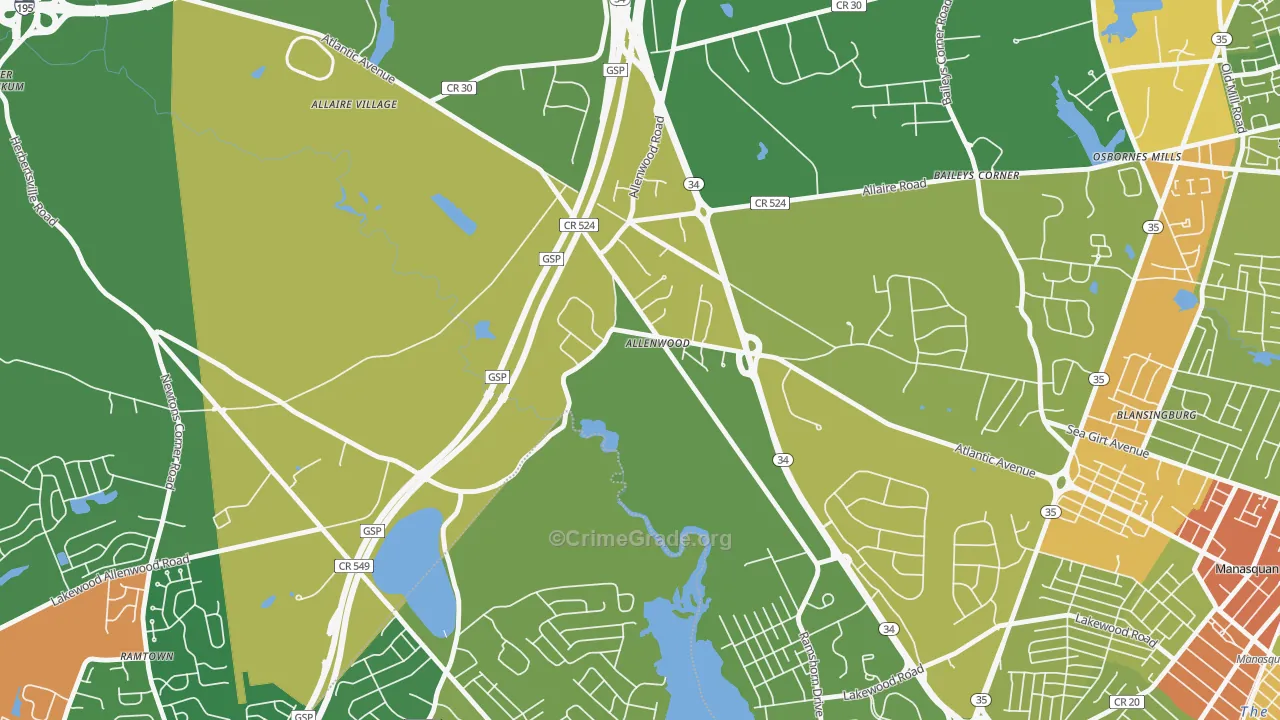 Allenwood, NJ Map of Robbery Rates