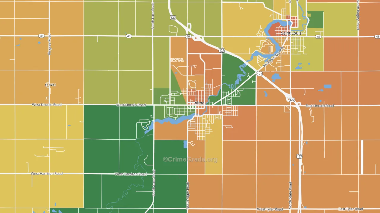 Alma, MI Map of Robbery Rates