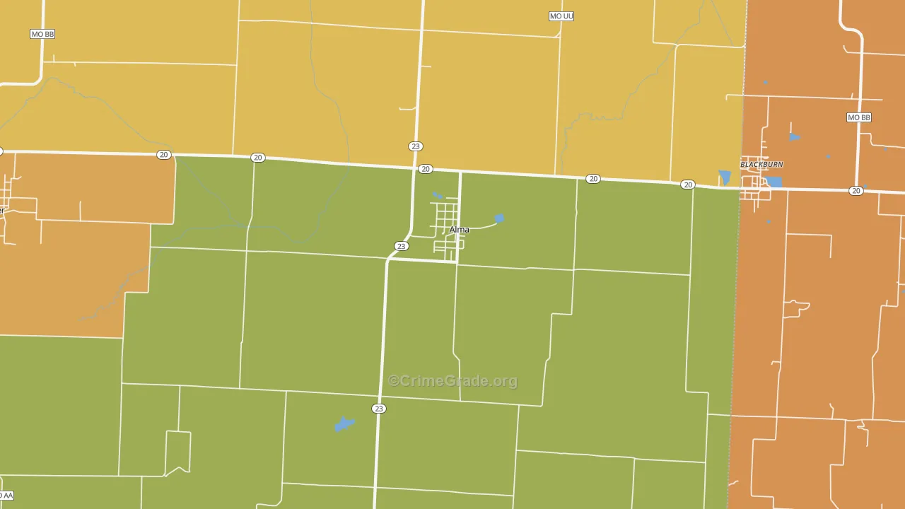 Alma, MO Map of Robbery Rates