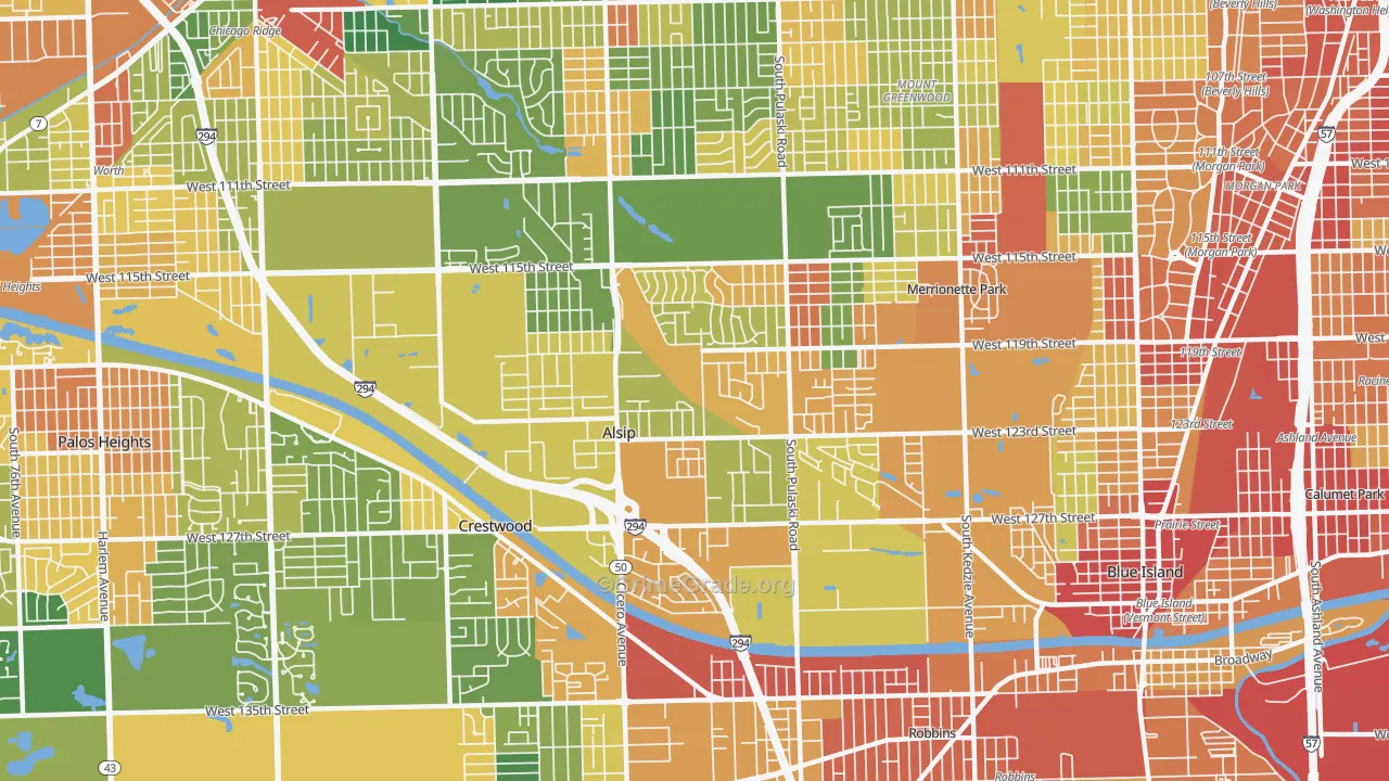 Alsip, IL Map of Robbery Rates