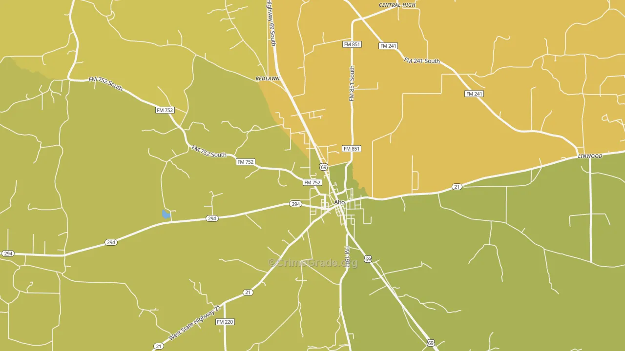 Alto, TX Map of Robbery Rates