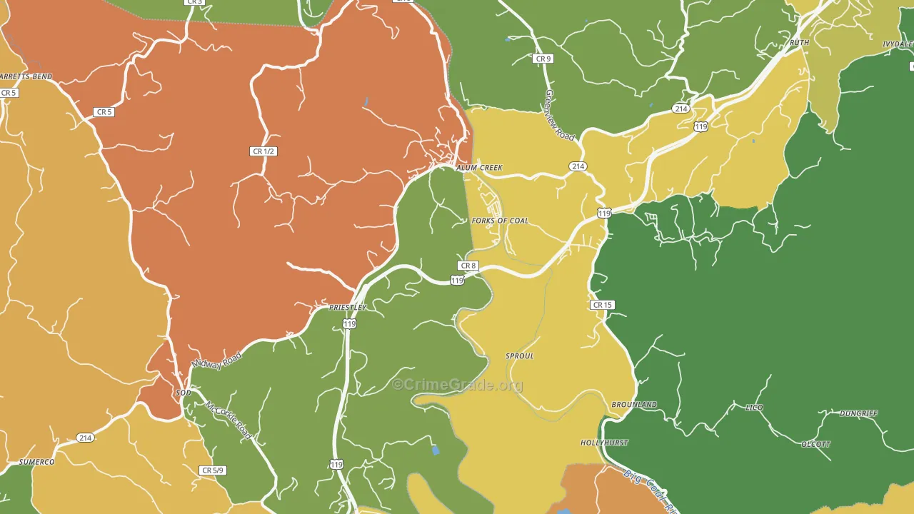 Alum Creek, WV Map of Robbery Rates