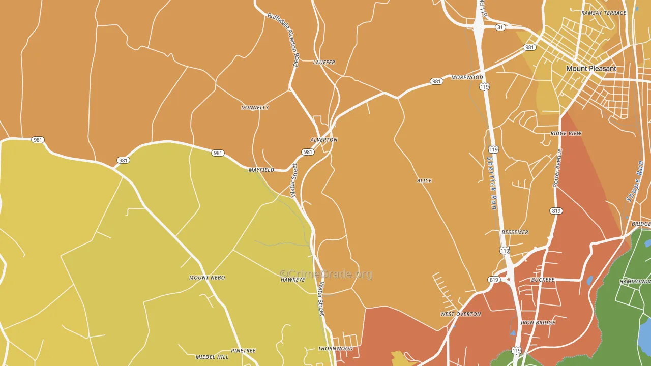Alverton, PA Map of Robbery Rates