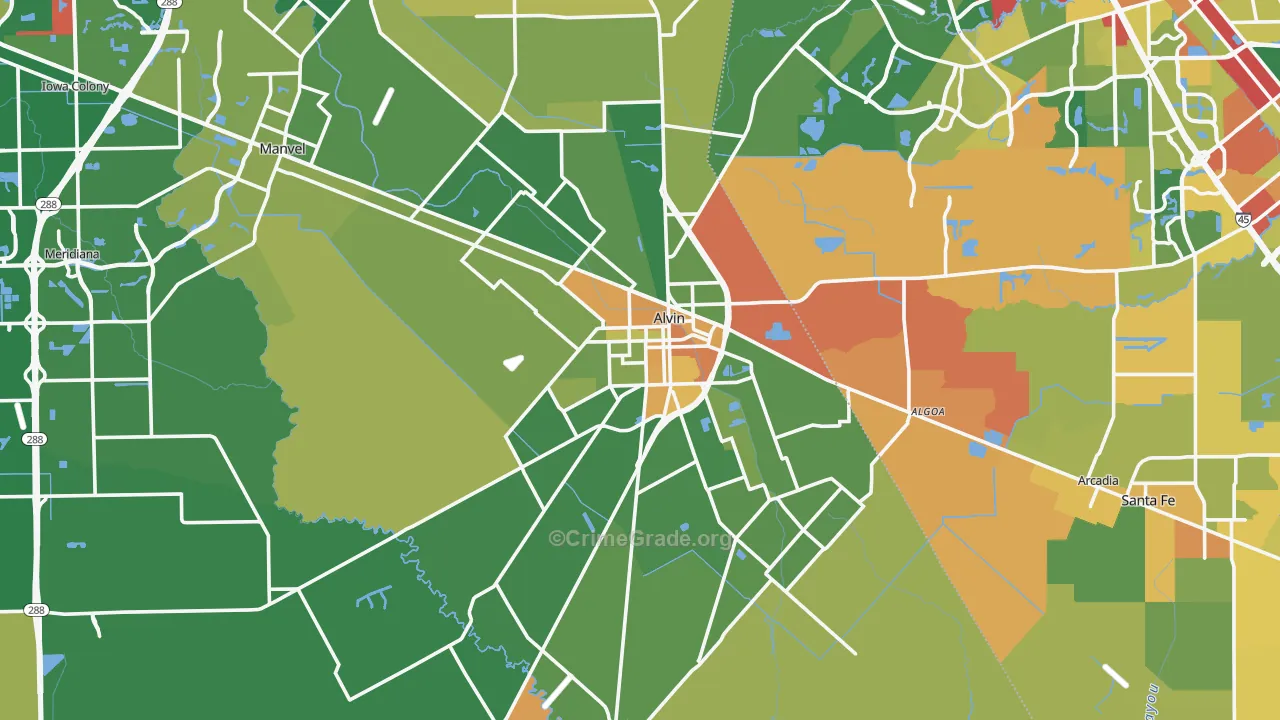 Alvin, TX Map of Robbery Rates