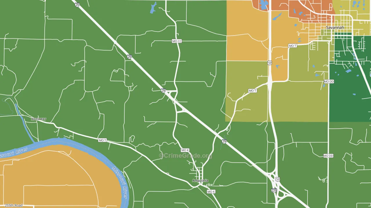 Amazonia, MO Map of Robbery Rates