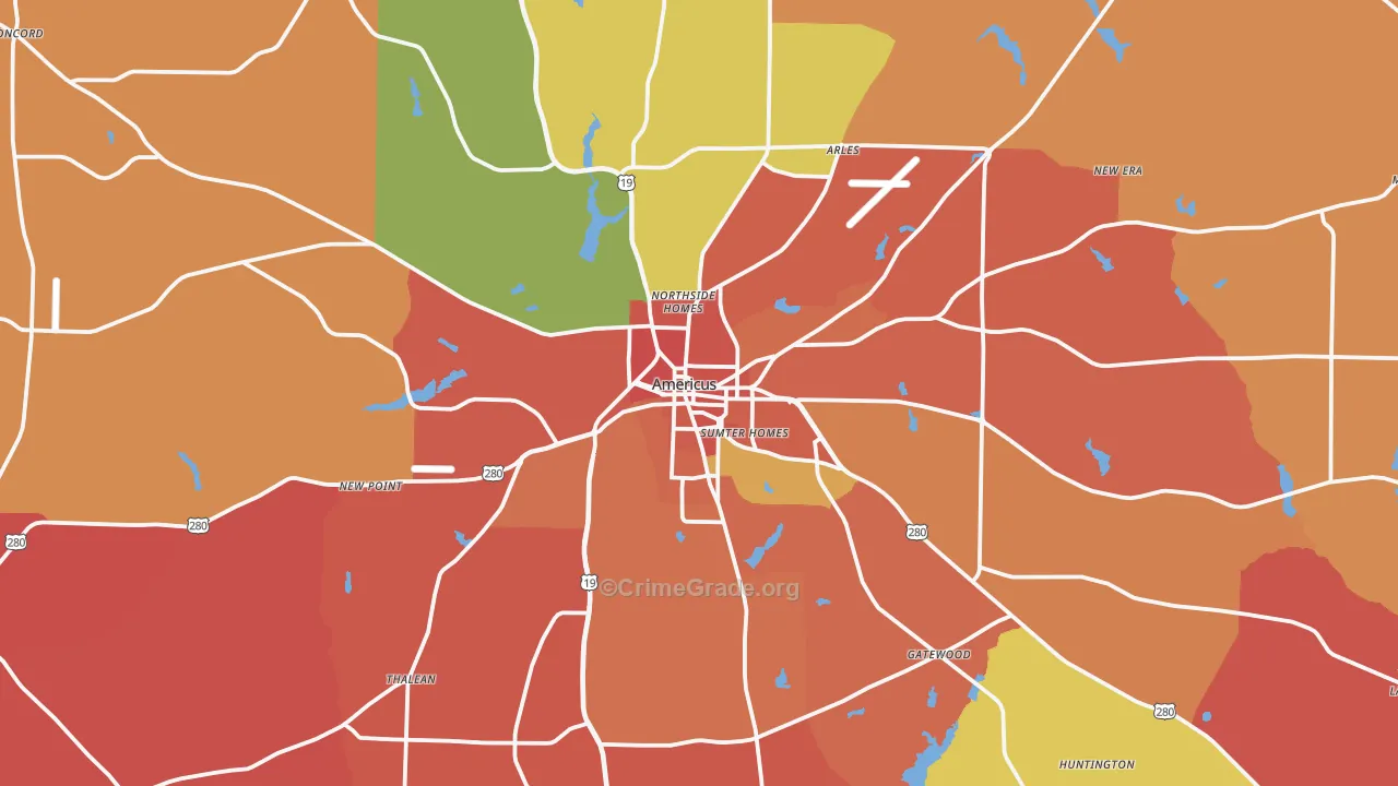 Americus, GA Map of Robbery Rates