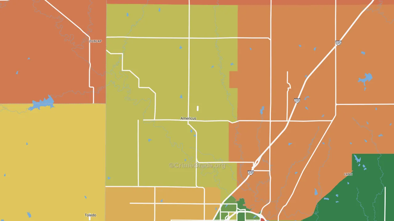 Americus, KS Map of Robbery Rates