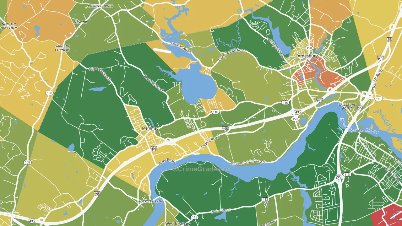 Amesbury, MA Map of Robbery Rates