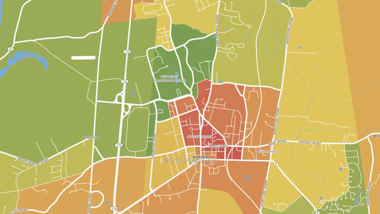 Amherst Center, MA Map of Robbery Rates