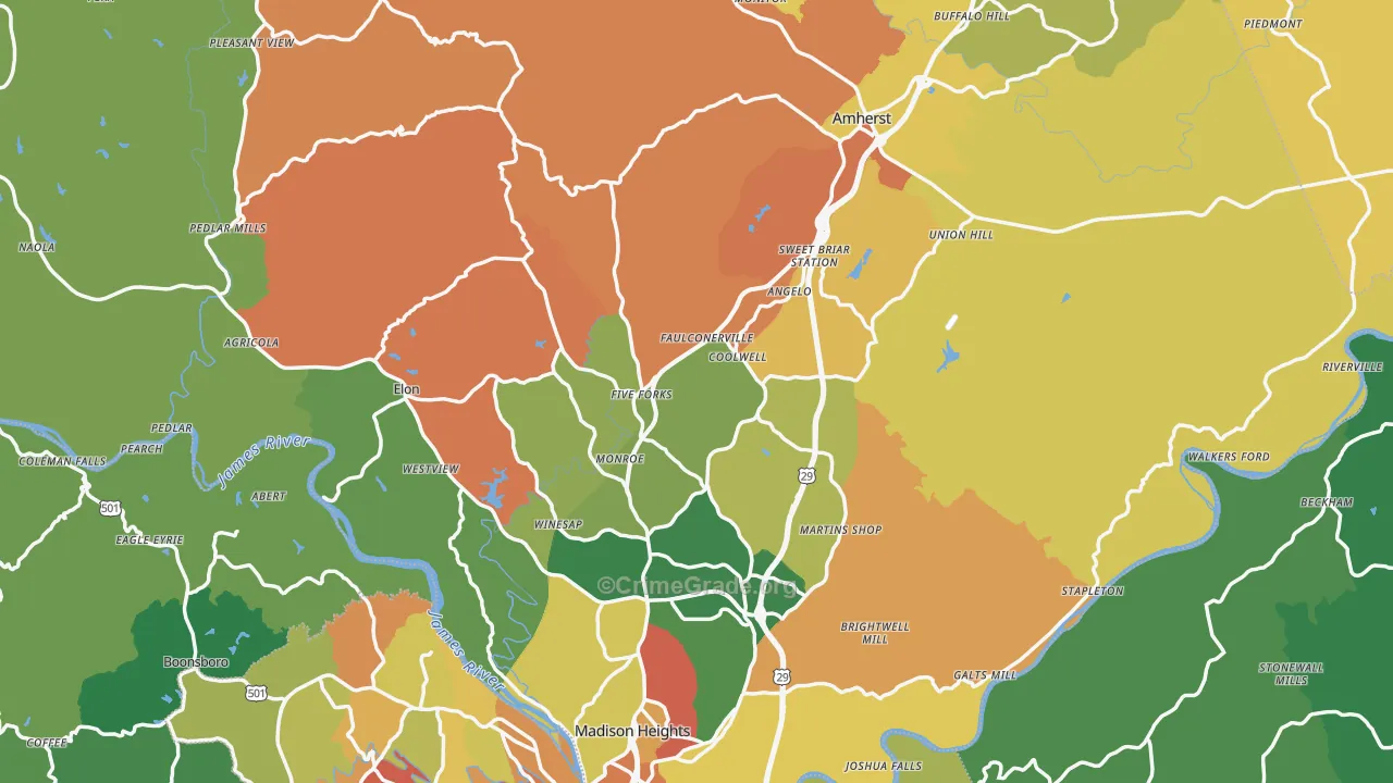 Amherst County, VA Map of Robbery Rates