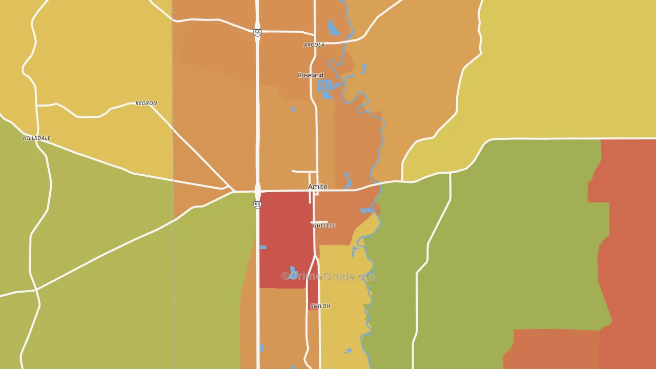 Amite City, LA Map of Robbery Rates