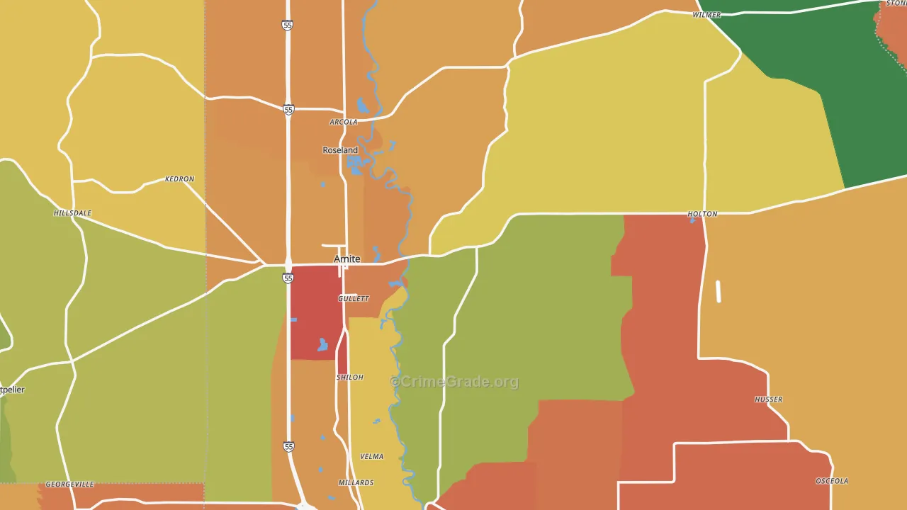 Amite, LA Map of Robbery Rates