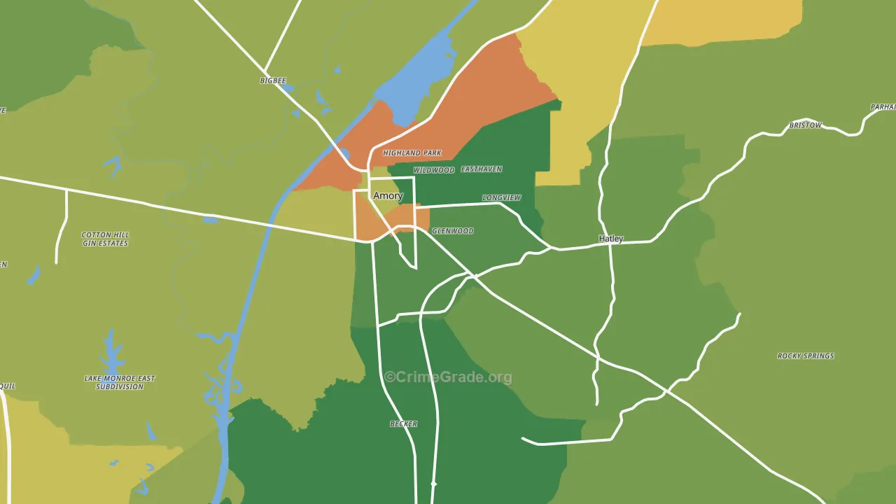 Amory, MS Map of Robbery Rates