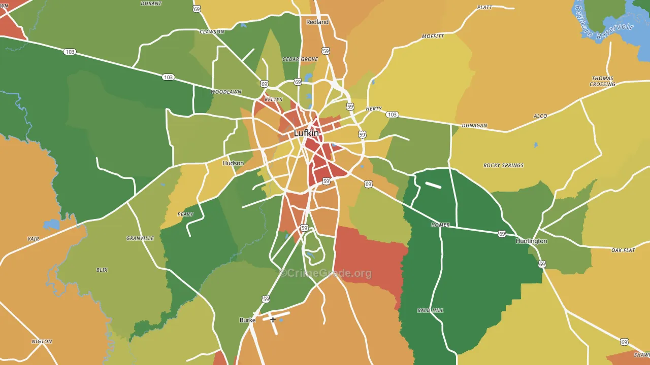 Angelina County, TX Map of Robbery Rates