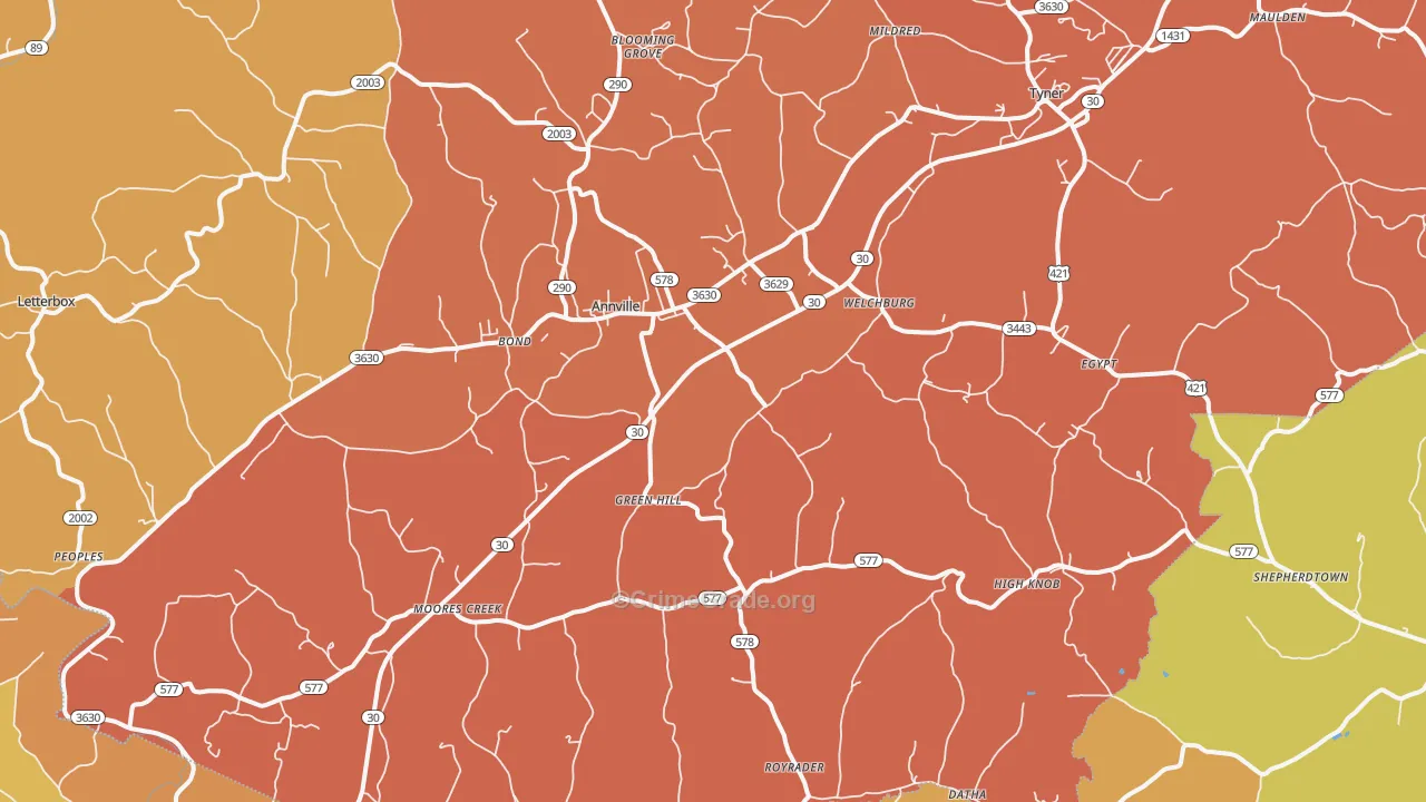 Annville, KY Map of Robbery Rates