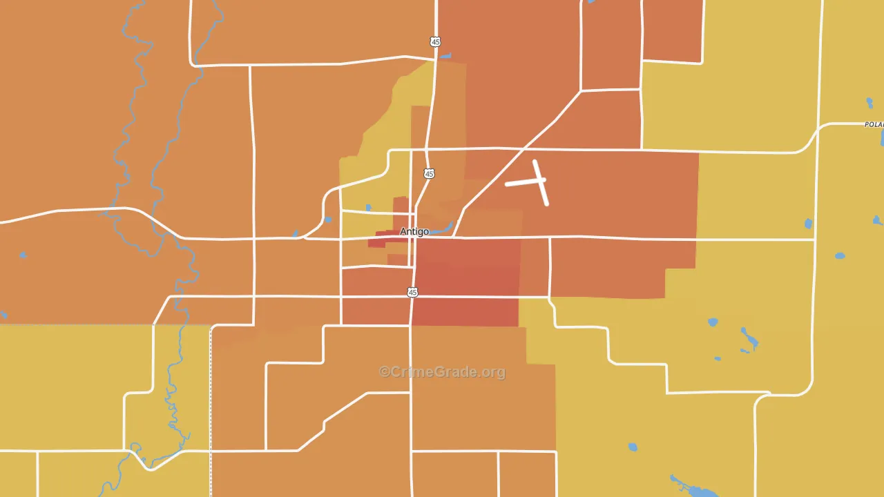 Antigo, WI Map of Robbery Rates