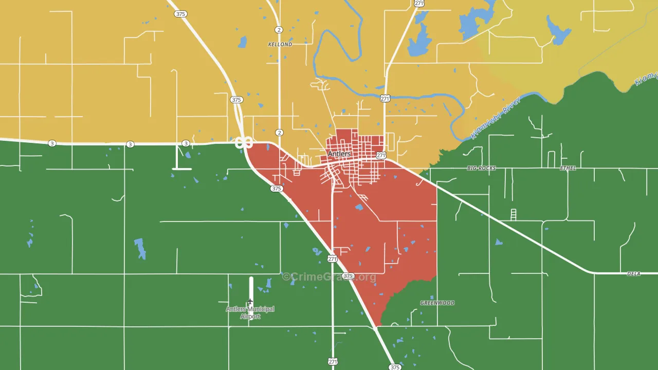 Antlers, OK Map of Robbery Rates