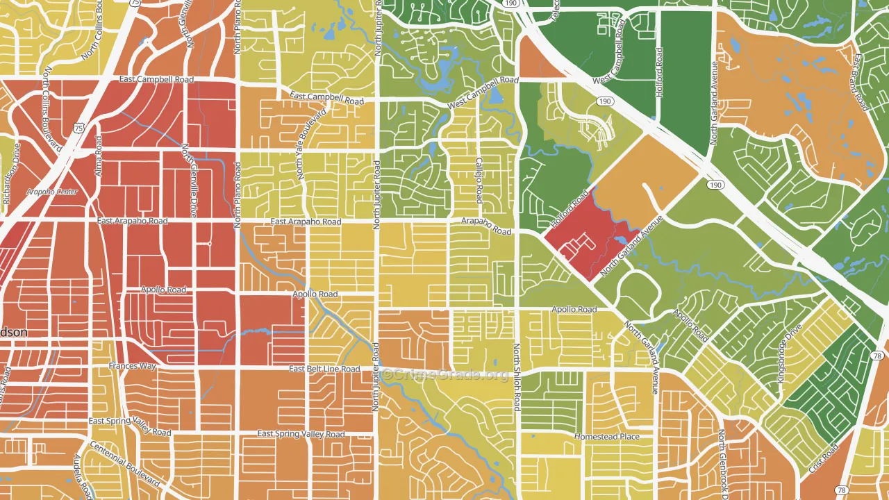 Apollo Arapaho and Camelot, Garland, TX Map of Robbery Rates