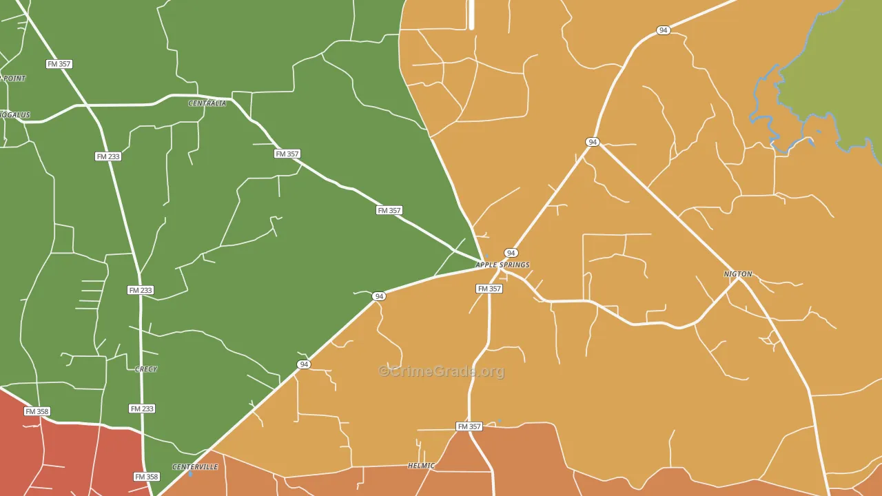 Apple Springs, TX Map of Robbery Rates