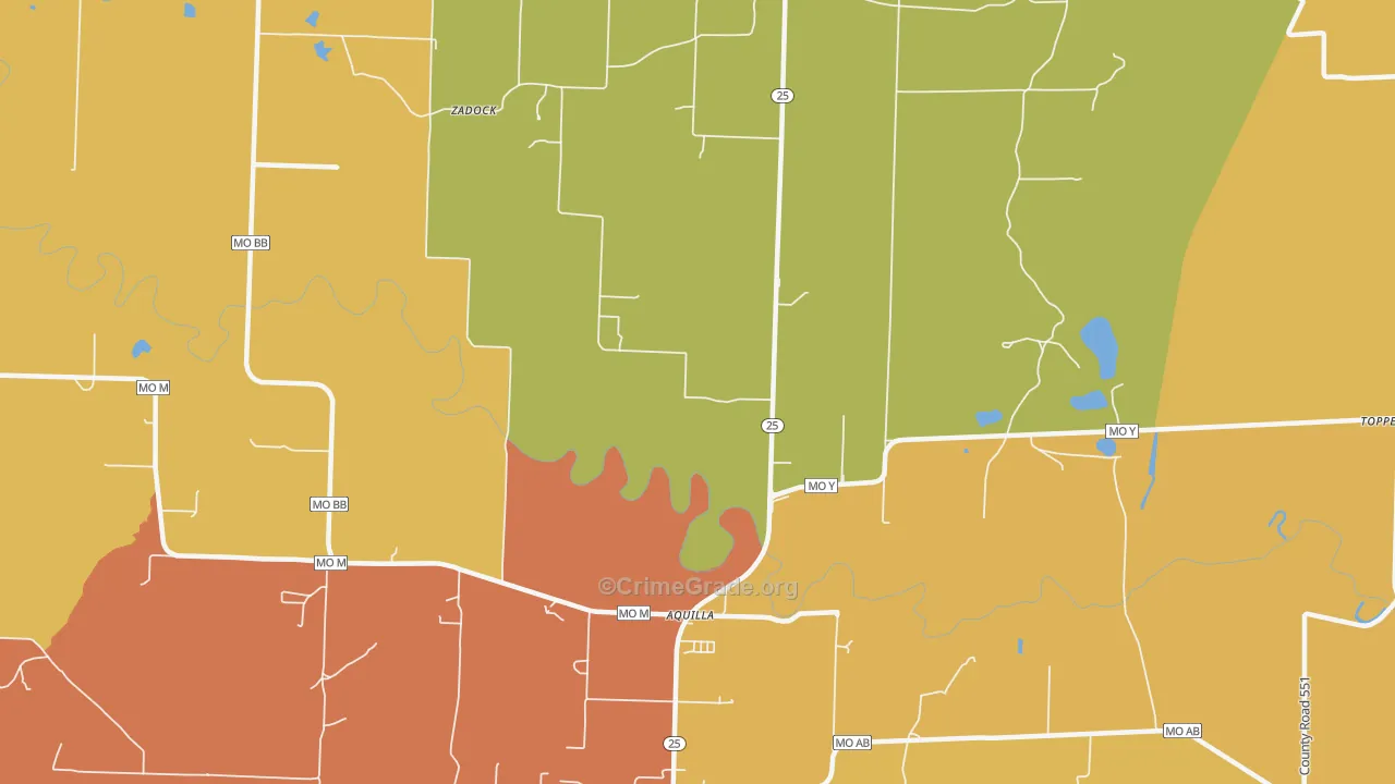 Aquilla, MO Map of Robbery Rates