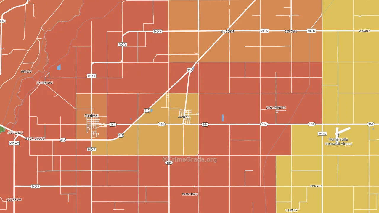 Arbyrd, MO Map of Robbery Rates