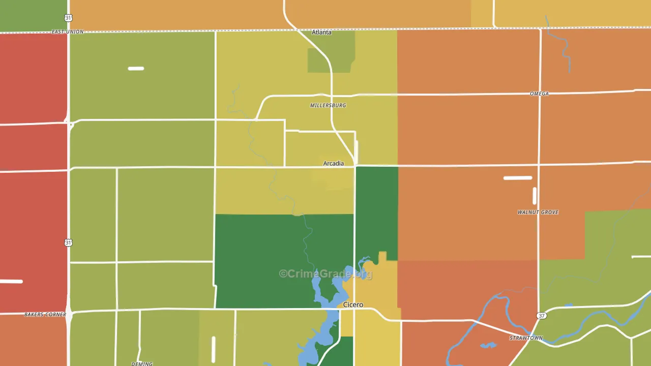 Arcadia, IN Map of Robbery Rates