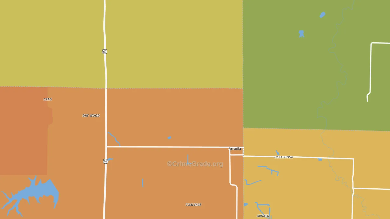 Arcadia, KS Map of Robbery Rates