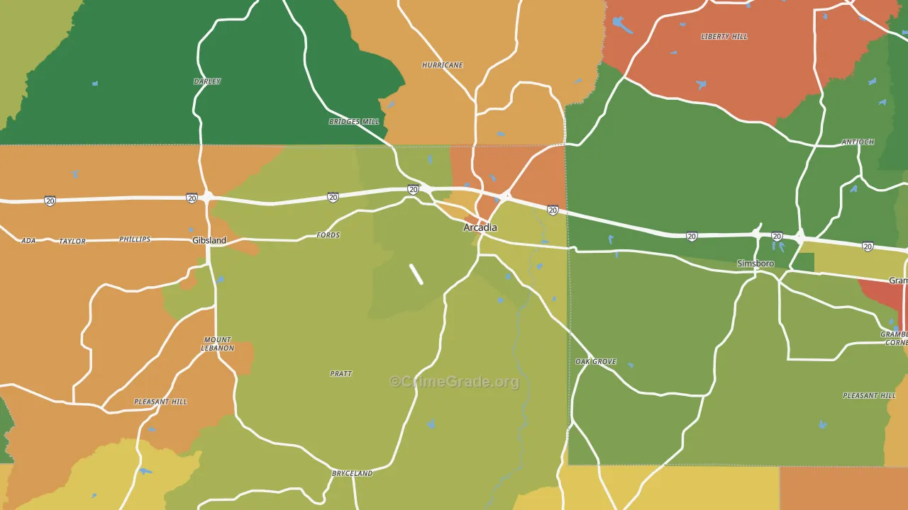 Arcadia, LA Map of Robbery Rates