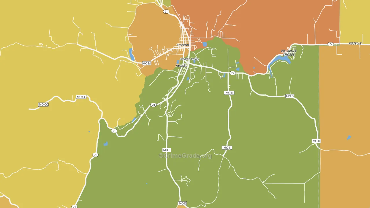 Arcadia, MO Map of Robbery Rates