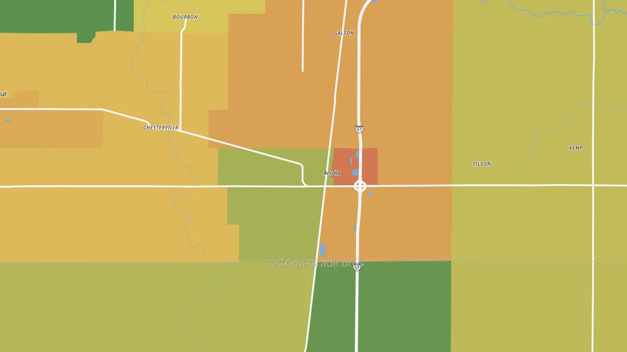 Arcola, IL Map of Robbery Rates