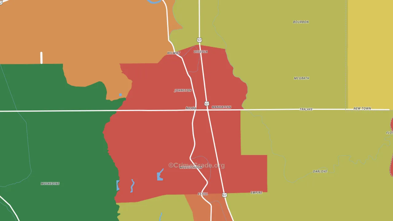 Arcola, MS Map of Robbery Rates